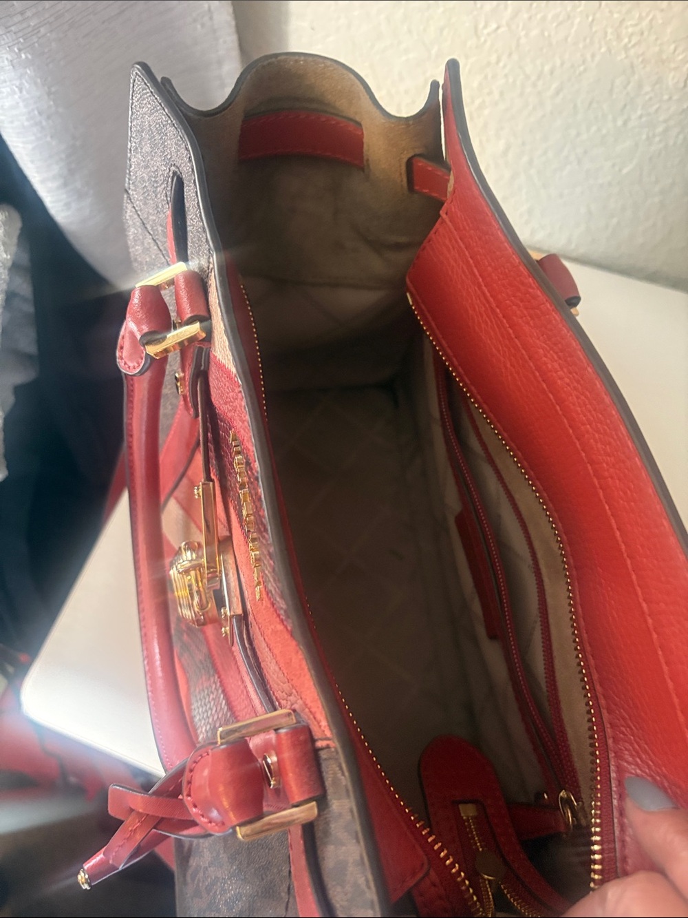Michael Kors Red and Brown Logo Stripe Satchel with Gold Lock - Picture 4 of 5
